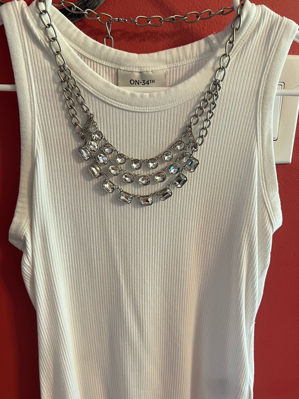 ON-34™ Silver Multi-Row Crystal Statement Necklace